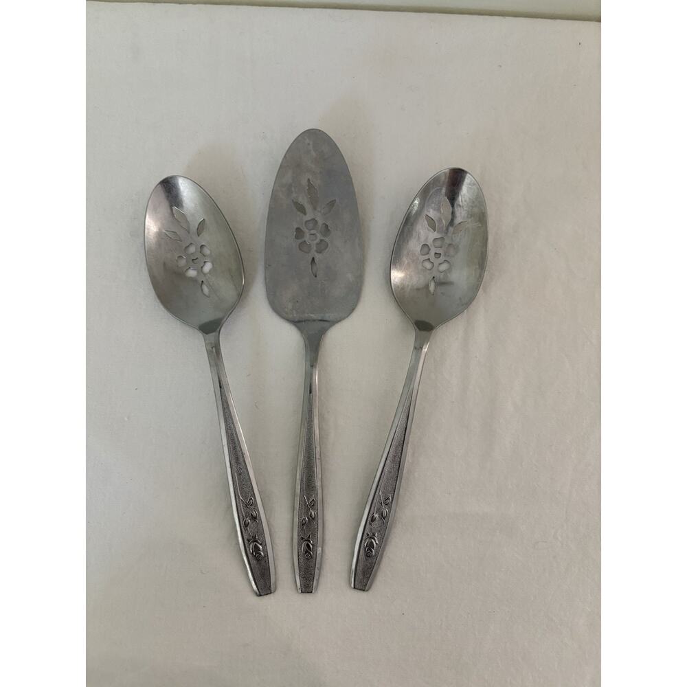 Vintage Rogers Co Stainless Maybrook Rose Serving Flatware Pierced Spoon Spatula